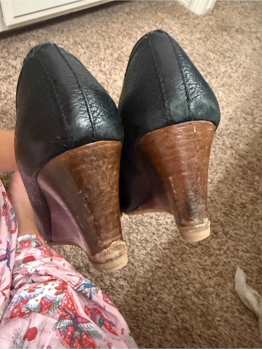 Tory Burch Black Leather Peep-Toe wedge with Gold Logo